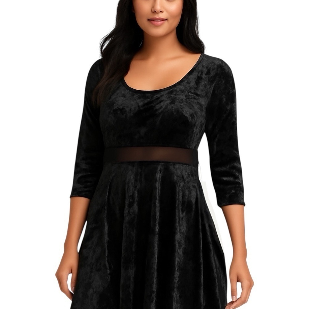 Lulus Black Crushed Velvet Skater Dress M NWT Mesh Cutout Waist Holiday Party